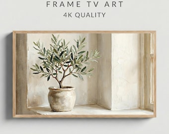 Mediterranean Olive Tree frame tv art Neutral Potted Plant, Heavy Impasto Oil Painting 4K, Japandi Farmhouse Decor