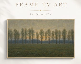 Poplar Trees Oil Painting Frame TV Art, Moody Dusk Landscape, Vintage Meadow, Earthy Green