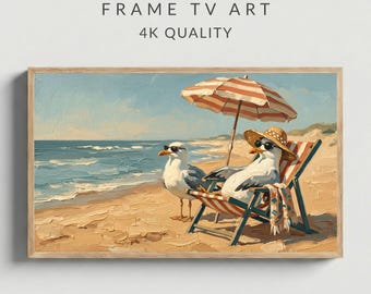 Summer Frame TV Art, Whimsical Seagulls Beach, Funny Retro Impasto Coastal Painting