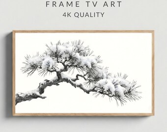 Minimalist Winter Pine Branch Frame TV Art, Snowy Nature Sketch (Digital Download)