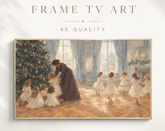 Christmas Frame TV Art, Vintage Children Dancing Around Tree, Impressionist Holiday Oil Painting Download