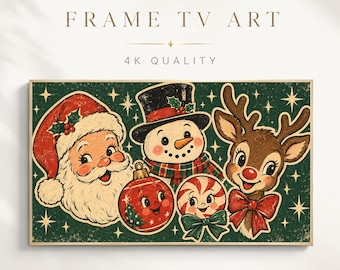 Kerstlijst voor tv, retro kerstman, sneeuwpop en rendier, vintage kerstdecoratie, feestelijke digitale download