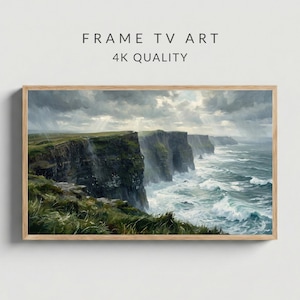 Cliffs of Moher Frame TV Art, Dramatic Irish Landscape Painting, Stormy Sea and Sky, Rain and Sunbeams Nature Decor, 4K Digital Download