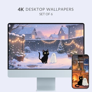 Studio Ghibli Style Winter Wallpaper Pack, Set of 6, 4K Desktop Wallpaper, Cozy Winter Cat & Cute Ghost, Snow, Macbook iPad Digital Download