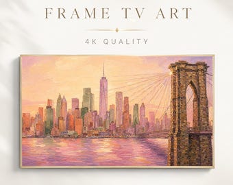 Roze zonsondergang met skyline van New York, tv-kunst, roze Brooklyn Bridge stadsgezicht schilderij