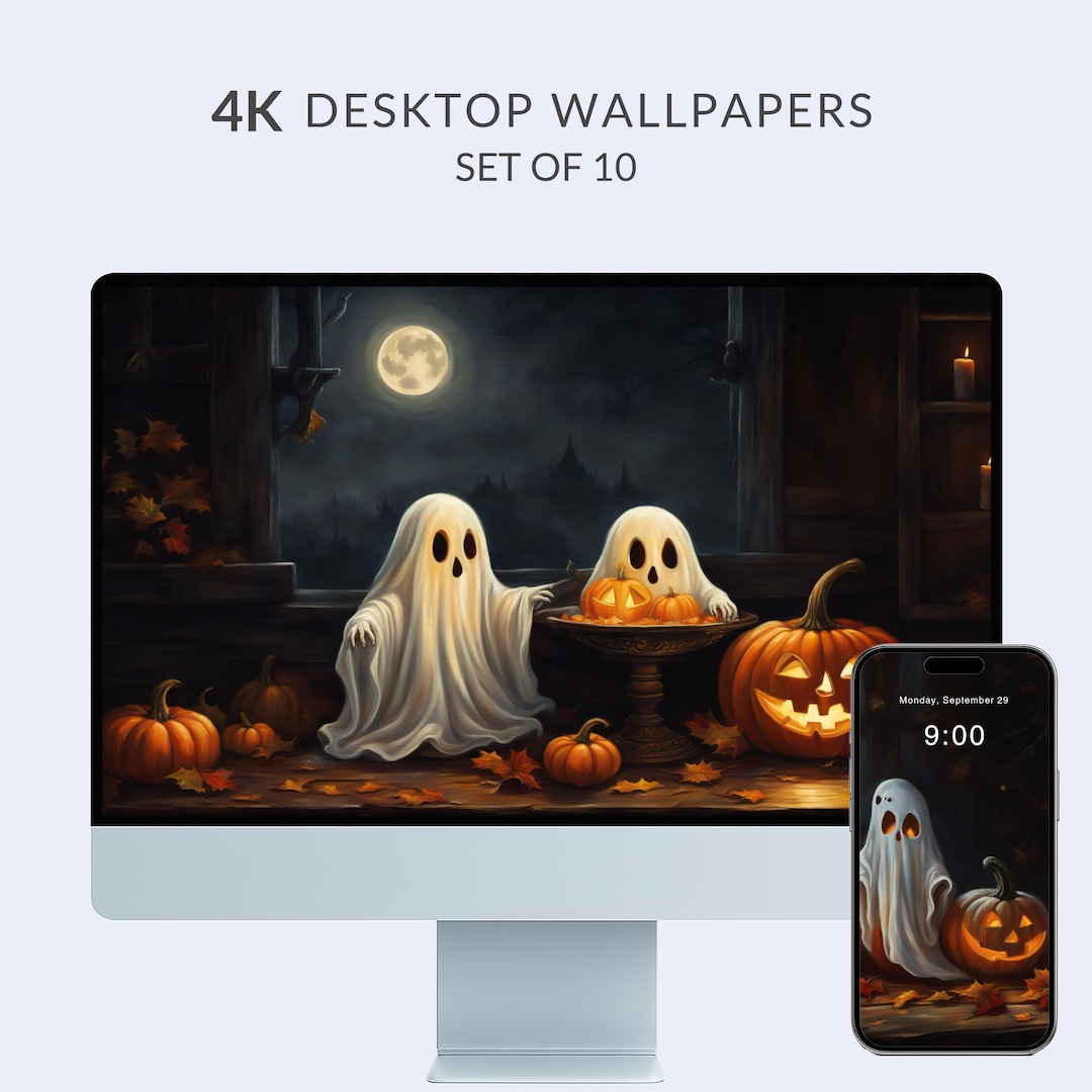 Spooky Ghost Pumpkin 4K Desktop Wallpaper Set (10 Files), Moody ...