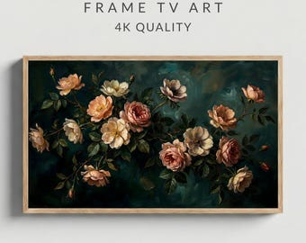 Moody Teal Floral Frame TV Art Peonies Oil Painting, Heavy Impasto Texture, Dark Academia