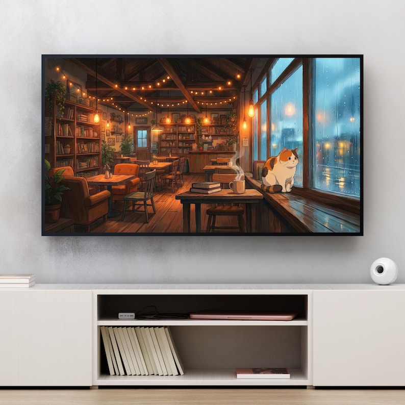 Studio Ghibli Style Cozy Rainy Cafe With Cat 4K Desktop Wallpaper, Lofi ...