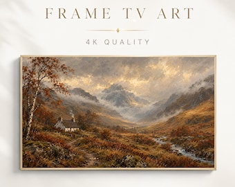 Autumn Frame TV Art, Highland Cottage Oil Painting, Moody Misty Mountain Landscape, Digital Download