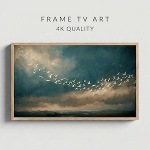 May include: A framed artwork with a serene landscape featuring a flock of white birds soaring across a cloudy, teal and brown sky. The text "FRAME TV ART" and "4K QUALITY" are displayed at the top.