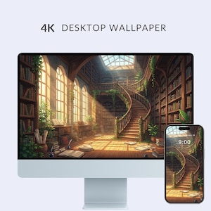 May include: A computer monitor and smartphone display a 4K desktop wallpaper of a library interior. The wallpaper features a wooden spiral staircase, bookshelves, and sunlight streaming through arched windows. The time on the phone is 9:00.
