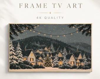 Christmas Frame TV Art, Snowy Village Night Oil Painting, Cozy Winter Digital Download