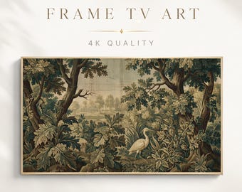 Vintage Oak Forest Tapestry Frame TV Art, Heron Bird Landscape (Digital Download)