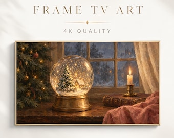 Christmas Frame TV Art, Snow Globe Oil Painting, Moody Cozy Vintage Winter Night Candlelight