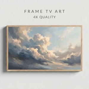 Dramatic Clouds Frame TV Art, Textured Impasto Sky Painting, Neutral Abstract Atmosphere Decor