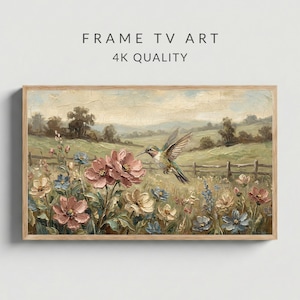 Könnte beinhalten: Gerahmtes Landschaftsgemälde mit einem Kolibri in der Nähe von rosa und blauen Blumen auf einem Feld. Das Kunstwerk hat einen Holzrahmen und der Text "FRAME TV ART 4K QUALITY" wird oben angezeigt.