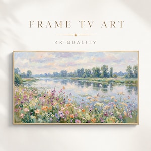 Spring Wildflower River Landscape Oil Painting Frame TV Art