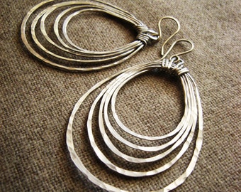 Unique silver earrings / Potami / Aluminum Hoop Earrings // Hand Forged, Hammered / Concentric Oval Multi Hoop boho festival jewelry