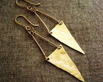 Long triangle brass or sterling or 14k goldfill earrings - Long Pennant Banner Triangle (hand forged hammered gold brass earring) on trend