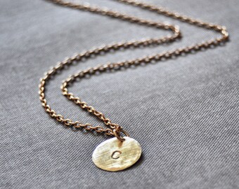 Gold initial necklace Brushed brass personalized necklace gold Initial Monogram engraved circle charm necklace hammered