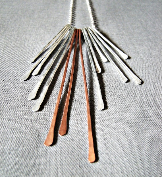 Fringe Necklace / Mixed metal / Silver fringe necklace / Copper necklace / silver statement necklace  hammered jewelry forged