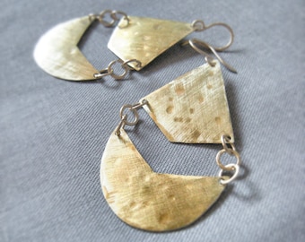 gold chandelier earrings - Brass earrings - Heights Falafel -- art deco geometric Brass or Silver Hand Forged, Hammered, Bohemian
