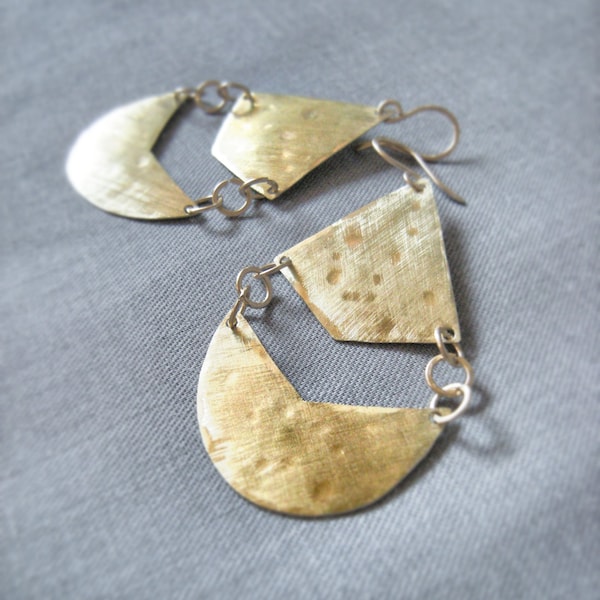 gold chandelier earrings - Brass earrings - Heights Falafel -- art deco geometric Brass or Silver Hand Forged, Hammered, Bohemian