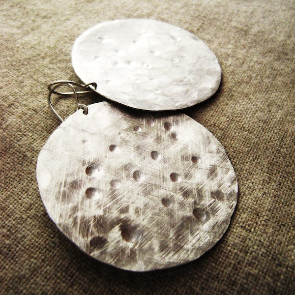 Bella Luna Earring -- Statement earrings, Hammered and Brushed, Hand-Forged, silver disc earrings, brushed silver,light weight