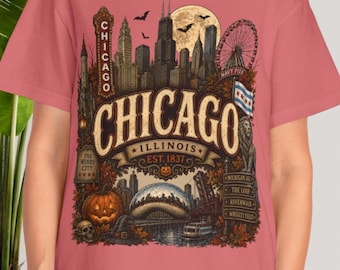 Chicago Halloween Shirt Vintage Illinois Travel Gift Gothic Fall Graphic Tee