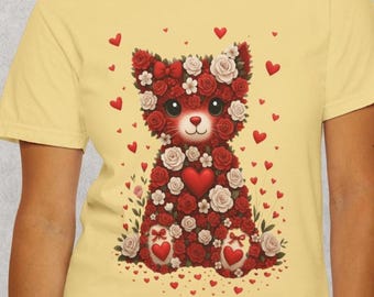 Rose Cat Shirt Women Romantic Tee Floral Love Style