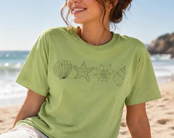 T-shirt met schelpenmotief, strandshirt, cadeau voor oceaanliefhebbers, minimalistische lijntekeningstijl