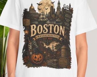 Boston Halloween Shirt Massachusetts Travel Gift Historic City Lover Spooky Season Vintage Tee
