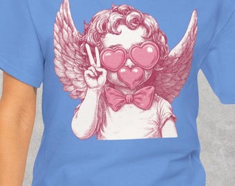 Cupid Graphic Angel Shirt Casual Romantic Style Bubble T-Shirt Vintage Heart Sunglasses Cherub  Tee