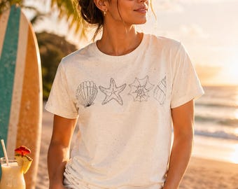 Chemise dessin au trait coquillage t-shirt côtier minimal tenue de plage unisexe style océan