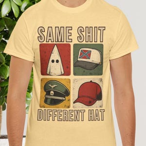 Samma ideologi olika huvudbonader satirisk grafisk t-shirt anti-hat uttalande