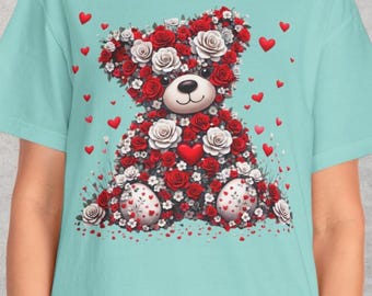Floral Teddy Bear Shirt Gift Women Romantic Graphic Tee Love Style