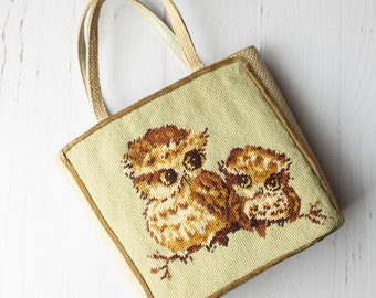 Vintage Mama Owl Needlepoint Handbag Purse / Needle Point Petit Point Tapestry Bag / Cottage Core Prairie Bohemian Mother Baby