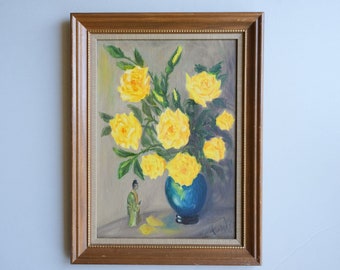 Original Yellow Rose Floral Painting with Japanese Figurine / MCM Vintage Oil Painting / Asian Yellow Green Blue Brown / Signed Helen Finley