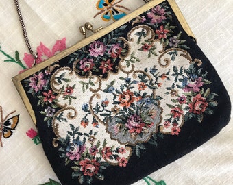 Vintage Black Victorian Rose Floral Tapestry Purse / Evening Handbag with Chain Handle Metal Frame / Petit Point Style Bag