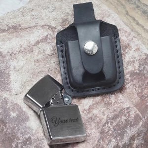 Zippo Lighter Brushed Brass - Black Leather Case Set - Engraved Your text