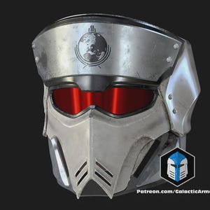 May include: A futuristic silver helmet with red visor lenses. The helmet has a detailed design with rivets and a globe emblem. The bottom of the helmet has a geometric design. The text "Patreon.com/GalacticArmory" is visible.