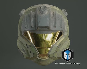 Könnte beinhalten: Ein taktischer olivgrüner Helm mit einem reflektierenden goldenen Visier und einer abgenutzten, kampferprobten Oberfläche. Der Helm verfügt über einen markanten zentralen Stirnkamm, seitliche Belüftungsöffnungen und ein Logo mit dem Text patreon.com/galacticarmory.