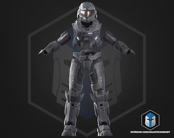 Könnte beinhalten: Ein dunkelgrauer, futuristischer Rüstungsanzug mit einem Helm mit bronzefarbenem Visier, Brustplatte, Schulterpanzern, Handschuhen und Beinschienen. Die Rüstung zeigt kleine blaue Lichtakzente und enthält den Text PATREON.COM/GALACTICARMORY.