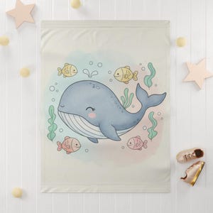 Manta de bebé con ballena, suave forro polar, decoración para habitación infantil con temática oceánica en tonos aguamarina