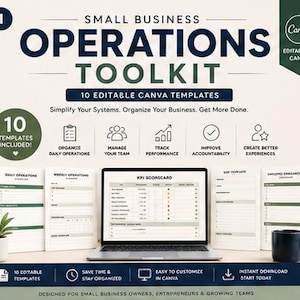 Op de afbeelding: Een toolkit voor kleine bedrijven met 10 bewerkbare Canva-sjablonen. De afbeelding toont een laptop met een KPI-scorekaart, omringd door geprinte operationele documenten, een kleine potplant en een zwarte koffiemok.