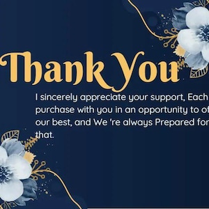 May include: A navy blue thank you card with gold text and floral accents. The words "Thank You" are in large, stylized gold letters. The card includes a message of appreciation and is decorated with white and blue flowers.