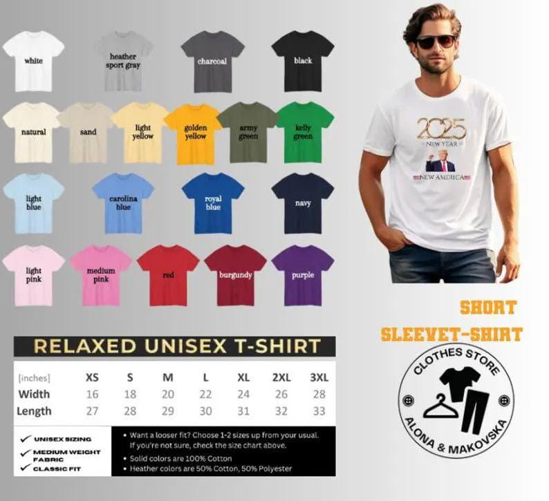 May include: A white unisex t-shirt with a "2025 New Year" graphic and a man wearing sunglasses. The image also displays a variety of t-shirt colors and a size chart. The t-shirts are relaxed fit and made of medium weight fabric.