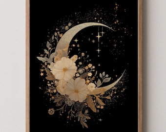 Gold Floral Moon Wall Art | Botanical Night Print | Golden Celestial Flower Illustration | Modern Mystical Decor