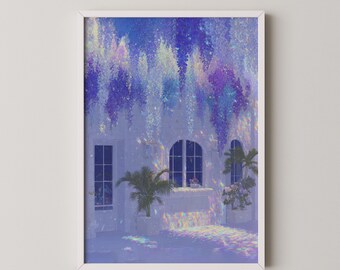 Wisteria Garden Wall Art | Glowing Floral Cottage Scene Printable | Magical Pastel Nature Digital Download
