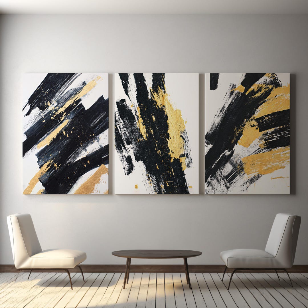 Black and Gold Brushstroke Set of 3 | Modern Abstract 3 Wall Arts ...